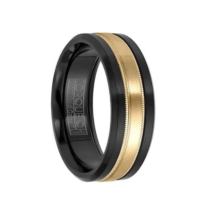 women’s modern vintage engagement rings-14k Yellow Gold Inlaid Black Cobalt Wedding Band with Milgrain Accents - 7.5mm