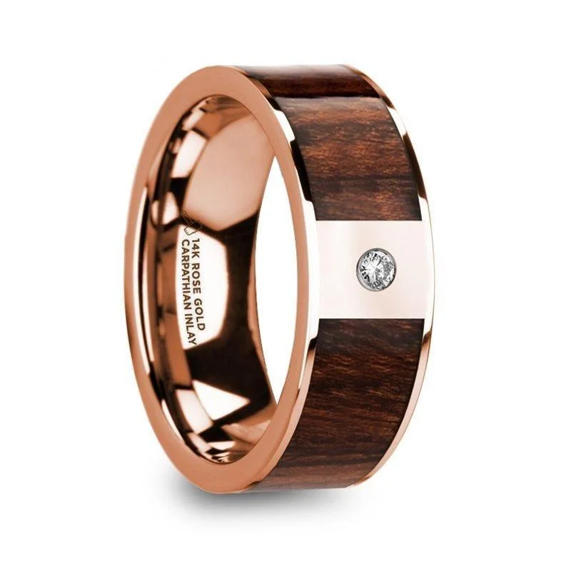 women’s vintage-inspired diamond engagement rings-SPIRIDON Men’s Diamond Center Polished 14k Rose Gold Wedding Band with Carpathian Wood Inlay - 8mm