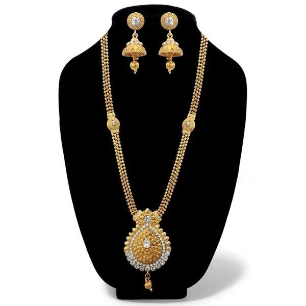 women’s solitaire diamond necklace-Kriaa Gold Plated White Austrian Stone Long Haram Necklace Set - 1107906A