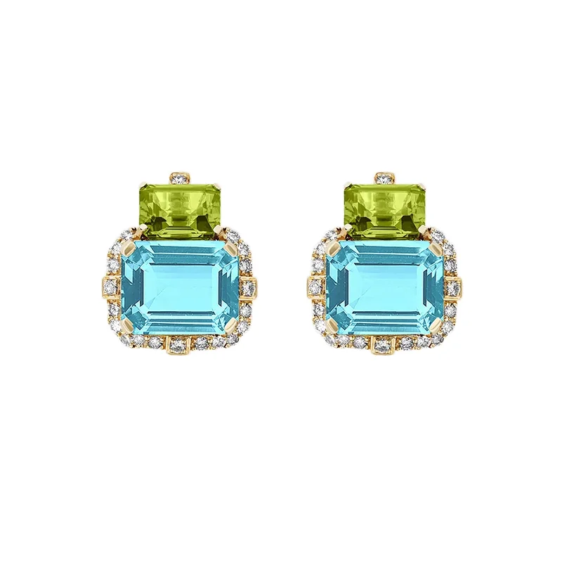 women’s art-inspired earrings-Blue Topaz, Peridot, and Diamnond Earrings