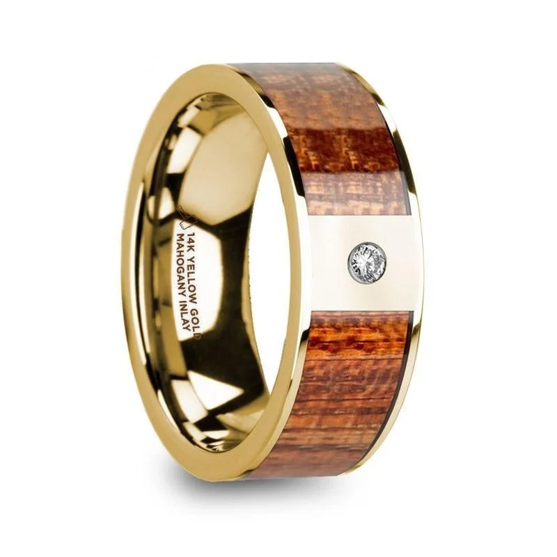 women’s princess cut halo engagement rings-XANTHOS Men’s Mahogany Wood Inlaid Polished 14k Yellow Gold Wedding Band with Diamond - 8mm