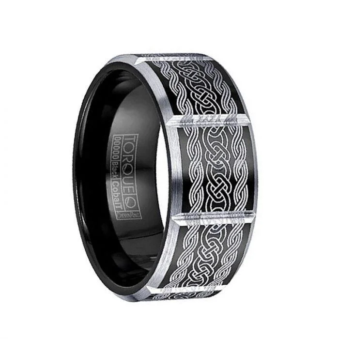 women’s matching engagement rings-ARTHAS Torque Black Cobalt Wedding Band Polished Laser Celtic Design Beveled Edges with Black Inside - 9 mm