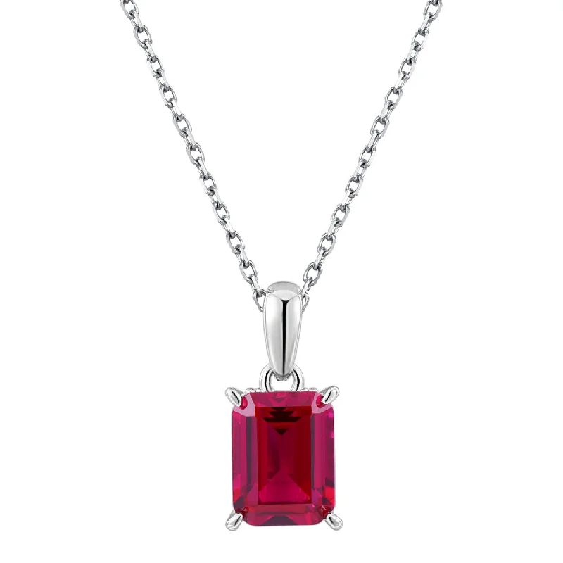 women’s art deco necklace-Round Brilliant solitaire necklace with ruby simulant in sterling silver