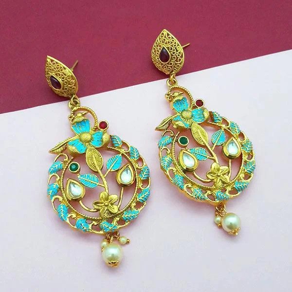 women’s long earrings-Nikita Arts Gold Plated Stone And Blue Meenakari Copper Matte Dangler Earrings - 1313119B