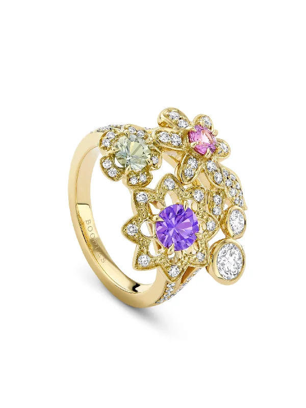 women’s ruby ring-Secret Garden Sapphire Diamond Yellow Gold Ring