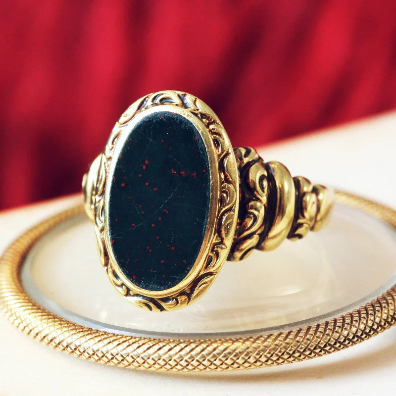 women’s engraved ring-Rococo Styled 14ct Gold Bloodstone Signet Ring