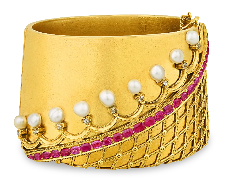 women’s solid gold bracelet-Victorian Pearl and Ruby Cuff