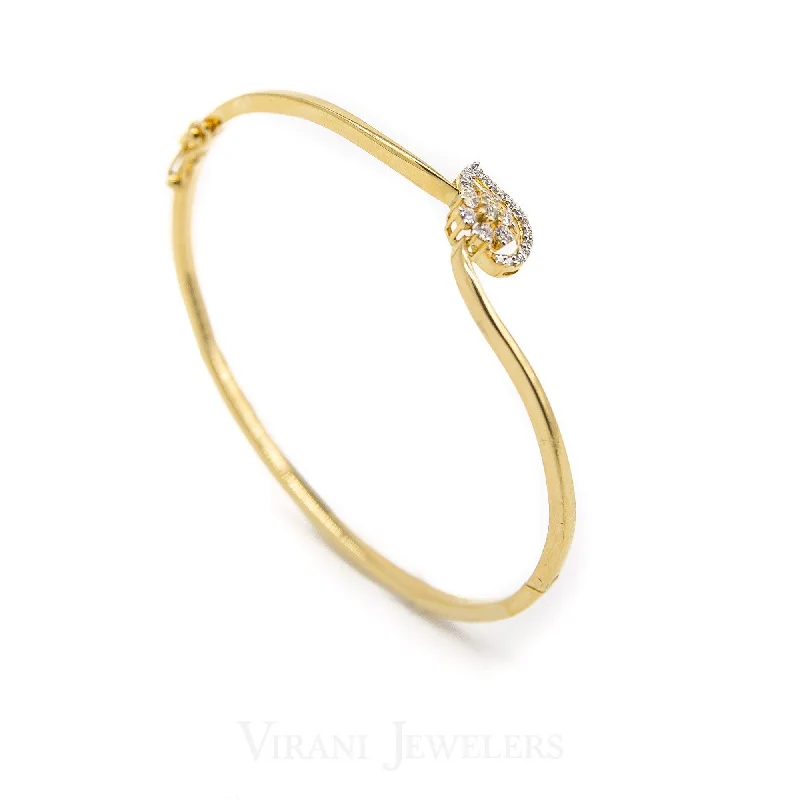 women’s custom bracelet-18K Yellow Gold Diamond Bangle Cuff W/ 0.28 Diamonds & Leaf Accent Design