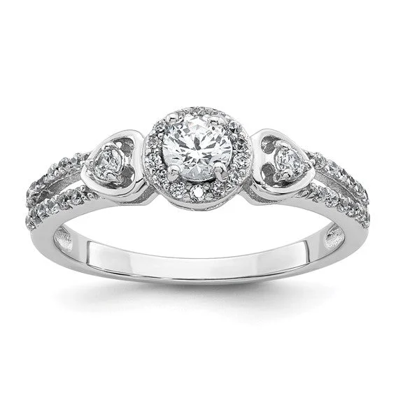 women’s band and engagement ring-Sterling Silver Round CZ Halo Double Side Heart Ring