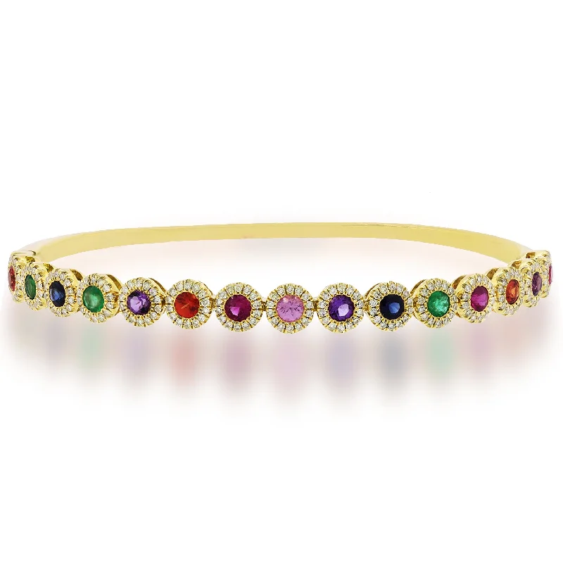 women’s sapphire bracelet-14K Yellow Gold Diamond Halo + Color Stone Hinged Bangle