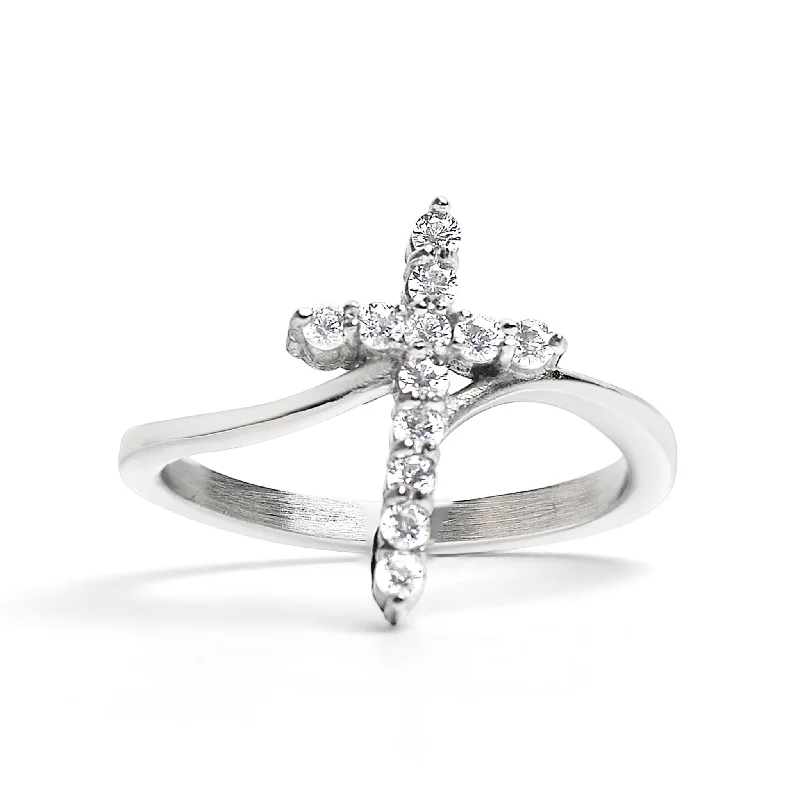 women’s fine jewelry ring-Stainless Steel CZ Cross Ring / FSR0002