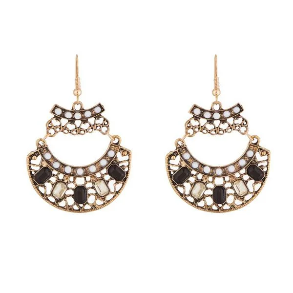 women’s statement earrings-Urthn Antique Gold Plated Black Resin Stone Dangler Earrings - 1311804C