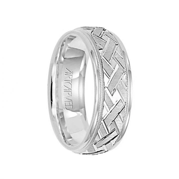 women’s engagement rings-INTRIGUE 14k White Gold Wedding Band Brushed Finish Engraved Diagonal Crossed Center Milgrain Rolled Edges by Artcarved - 7 mm