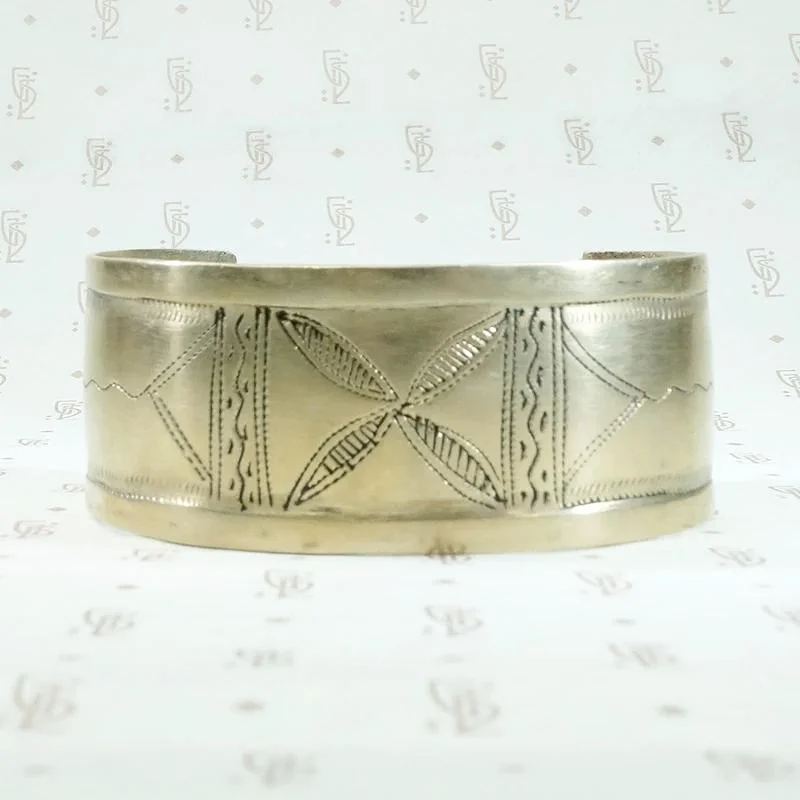 women’s shiny bangle-North African Engraved White Brass Cuff