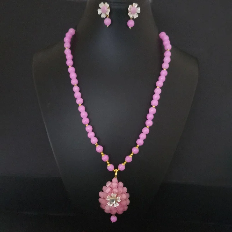 women’s flower necklace-Kriaa Pink Beads And Kundan Gold Plated Necklace Set - 2800324K