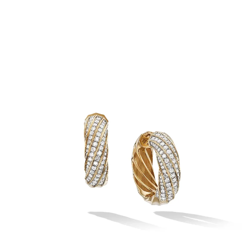 women’s bohemian earrings-Cable Edge Hoop Earrings in Recycled 18K Yellow Gold with Pave Diamonds