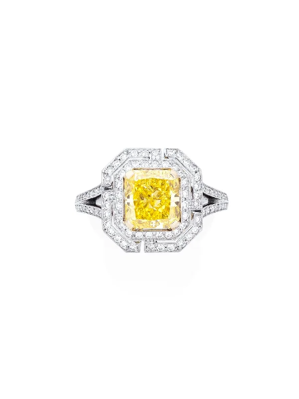 women’s diamond-encrusted ring-Pavilion Radiant Cut Yellow Diamond Platinum Ring