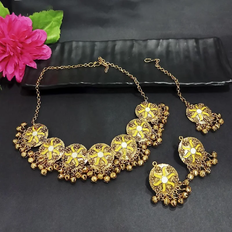 women’s heart-shaped necklace-Kriaa Gold Plated Yellow Meenakari Necklace Set With Maang Tikka - 1116023B