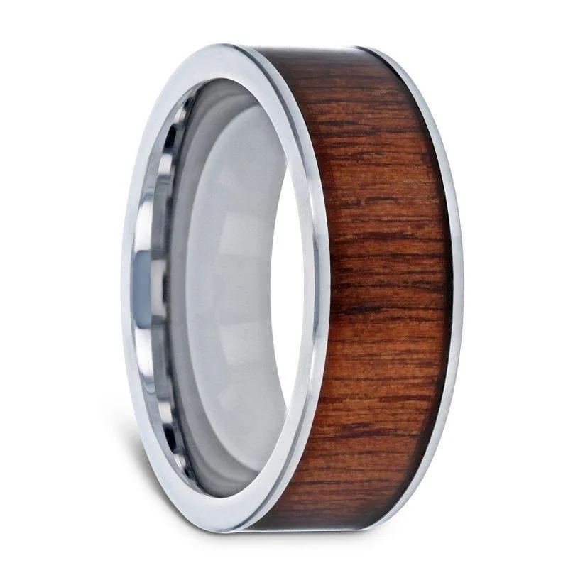 women’s two-tone engagement rings-BOKKEN Flat Tungsten Wedding Band with Black Walnut Wood Inlay & Polished Edges - 6mm - 10mm