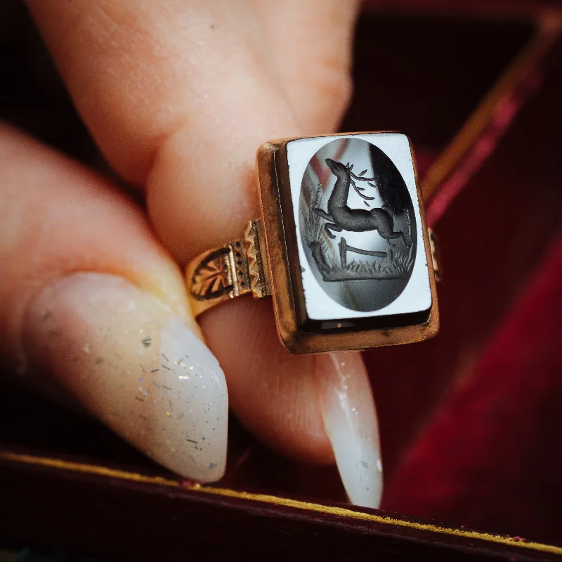 women’s multi-stone ring-Unusual Circa 1900 Antique Deer Intaglio Ring