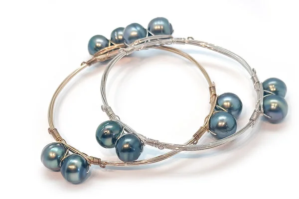 women’s emerald bracelet-Wire Wrap Tahitian Cultured Pearl Bangles