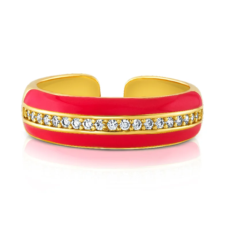 women’s leather and gold bracelet-ENAMEL 1 ROW CZ RING, NEON PINK