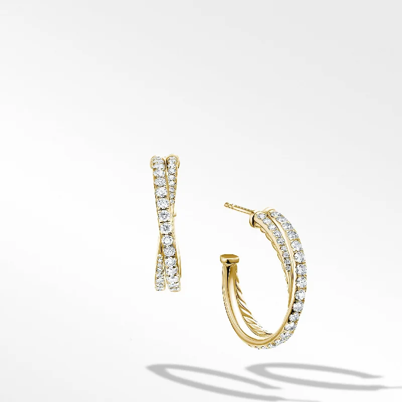 women’s sunburst earrings-Pave Crossover Hoop Earrings in 18K Yellow Gold with Diamonds