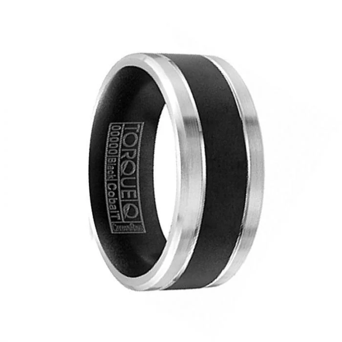 women’s heirloom diamond engagement rings-Torque Black Cobalt Flat Wedding Band Matte Finish Beveled Brushed Edges - 9 mm