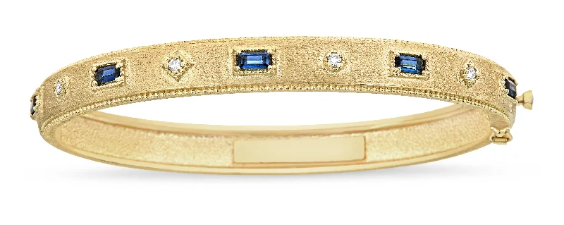 women’s tennis bangle-Diamond & Blue Sapphire Baguette Bezel Bangle