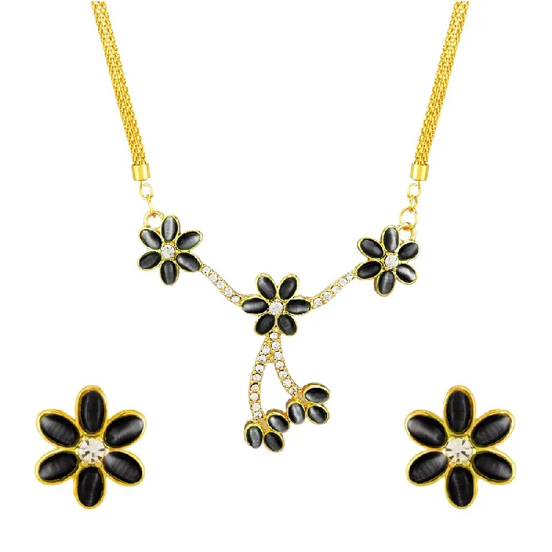 women’s custom necklace-Mahi Monalisa Cats Eye Black Flower Gold Plated Necklace Set for Women for Women