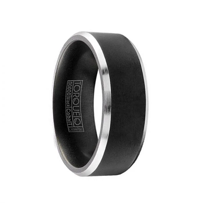 women’s rose gold wedding rings-YAGAMI Torque Black Cobalt Wedding Band Matte Finish Center Beveled Edges - 7 mm & 9 mm