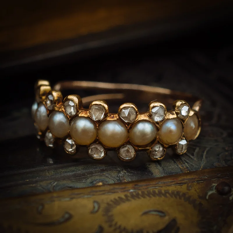 women’s eternity diamond ring-Devotedly Divine Antique Victorian Pearl and Diamond Band Ring