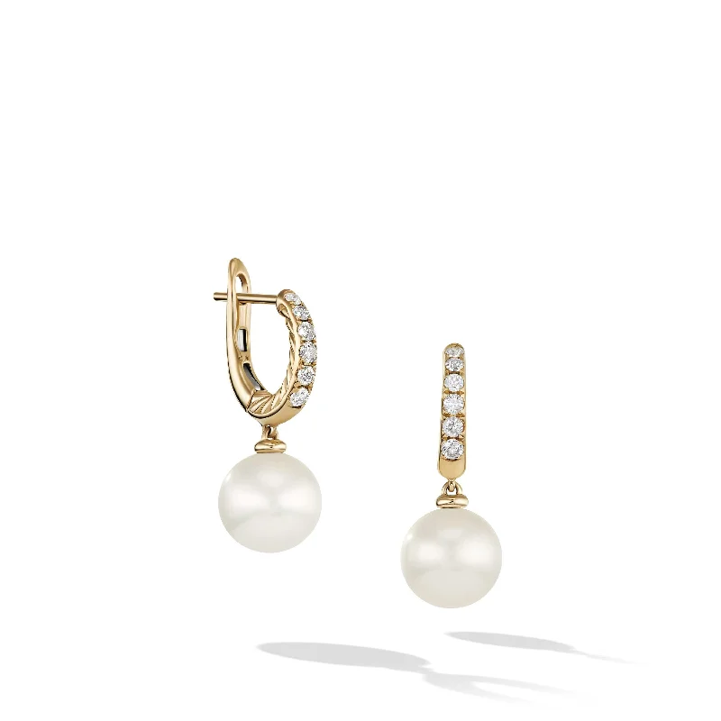 women’s gold stud earrings-Pearl and Pave Drop Earrings in 18K Yellow Gold with Diamonds