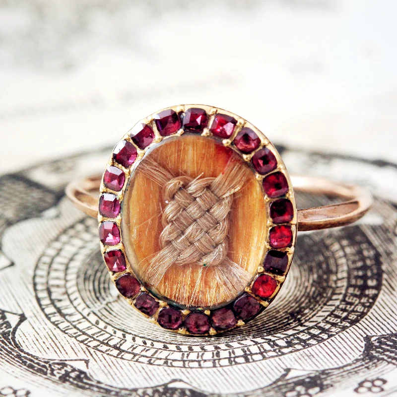 women’s gemstone ring-Georgian Garnet Woven Hair Memorial Ring