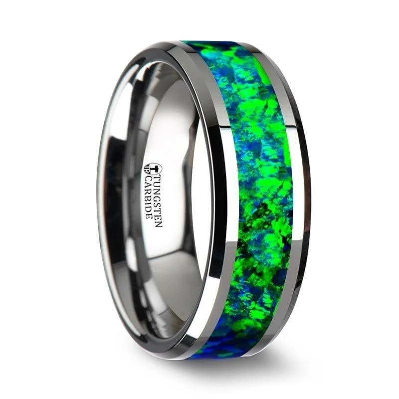 women’s cushion and diamond engagement rings-PHOTON Tungsten Beveled Wedding Band with Emerald Green & Sapphire Blue Color Opal Inlay - 6mm & 8mm