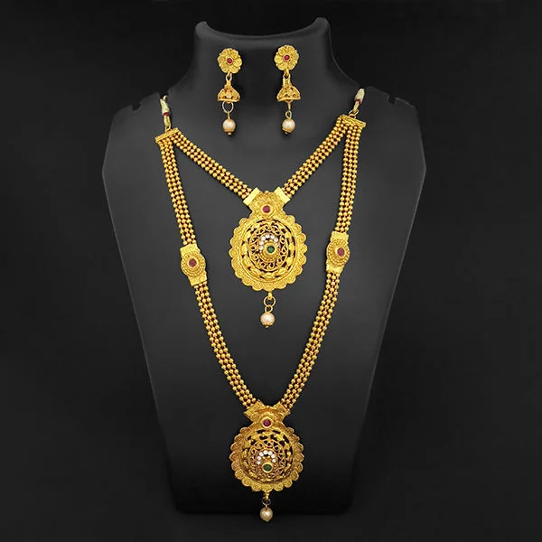 women’s personalized necklace-Kriaa Gold Plated Maroon Green Stone Double layer Necklace Set