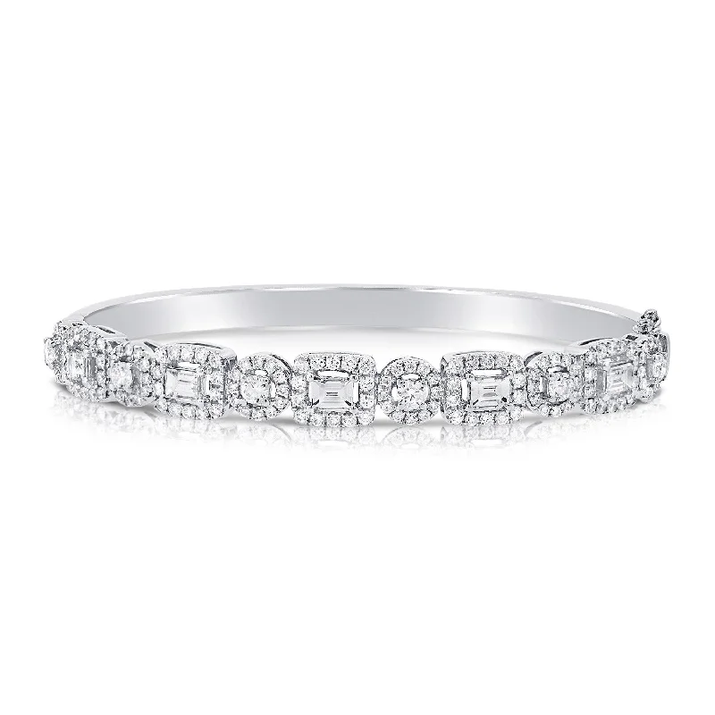 women’s adjustable cuff bracelet-14K White Gold Mixed Shape Round and Baguette Diamond Hinged Bangle