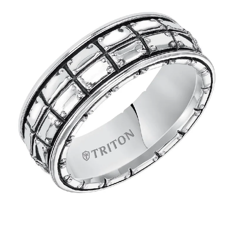 women’s cushion cut diamond engagement rings-ARION Sterling Silver Wedding Band with Riveted Plate Design and Black Oxidation Finish by Triton Rings - 8 mm