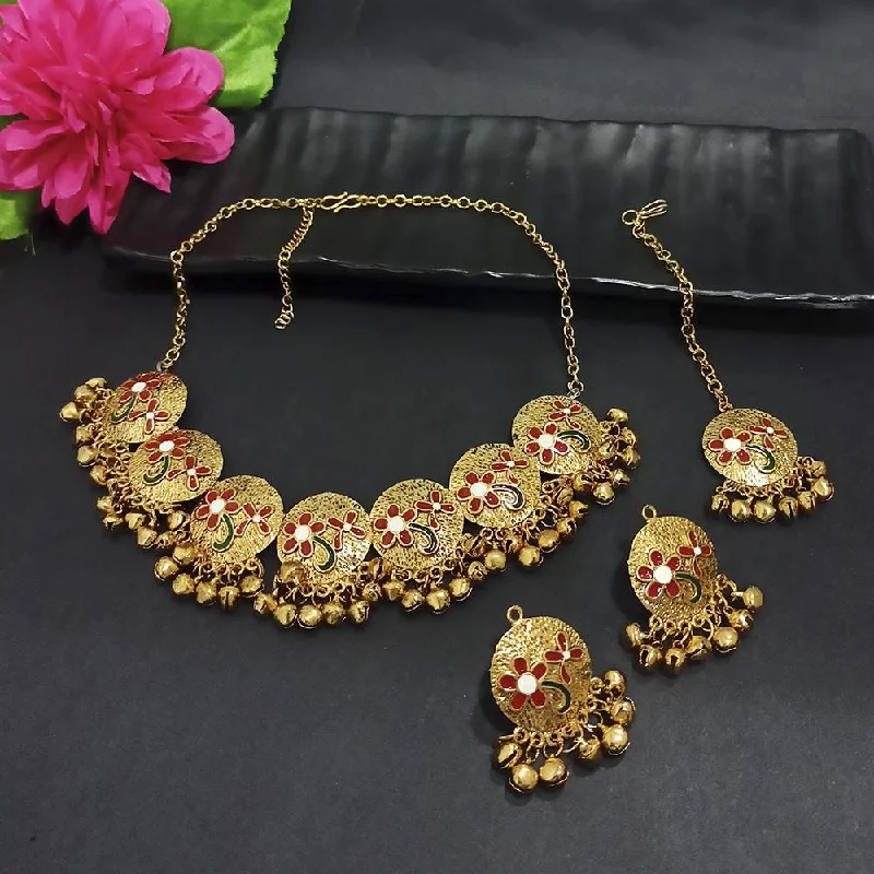 women’s minimalist necklace-Kriaa Gold Plated Red Meenakari Necklace Set With Maang Tikka - 1116024A