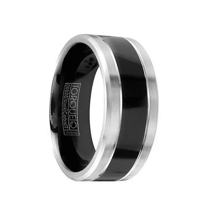 women’s platinum diamond engagement rings-ZANGIEF Torque Black Cobalt Wedding Band Polished Finish Dual Center Grooves Beveled Edges - 9 mm