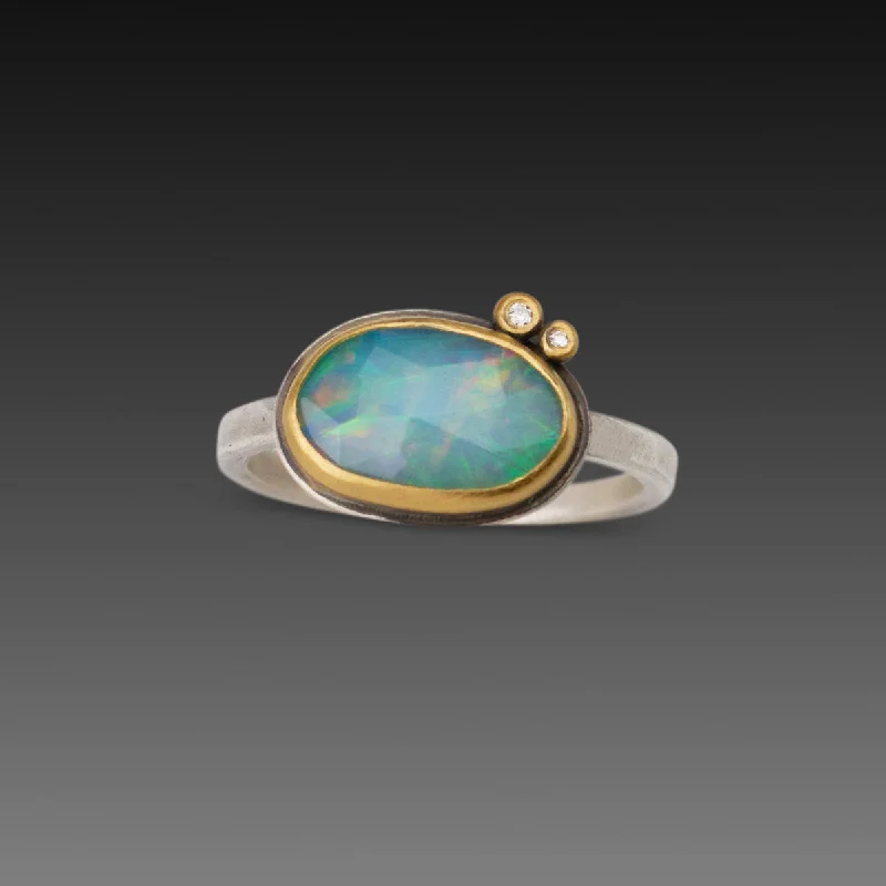 women’s rose gold wedding ring-Rose Cut Ethiopian Opal Ring With Diamonds