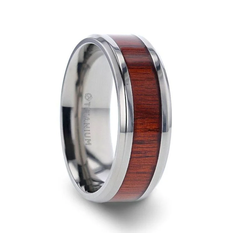 women’s antique engagement rings-NORRO Titanium Polished Beveled Edges Padauk Wood Inlaid Men’s Wedding Band - 6mm & 8mm