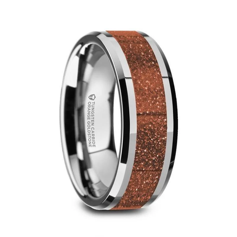 women’s floral diamond engagement rings-BODHI Men’s Polished Finish Beveled Edges Tungsten Wedding Band with Orange Goldstone Inlay - 8mm