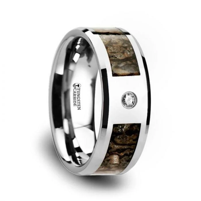 women’s floral engagement rings-Brown Dinosaur Bone Inlaid Tungsten Carbide Diamond Wedding Band with Beveled Edges - 8mm