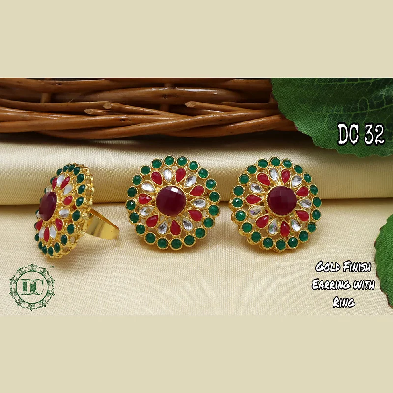 women’s vintage earrings-Diksha Collection Gold Plated Pota Stone Stud Earrings With Ring