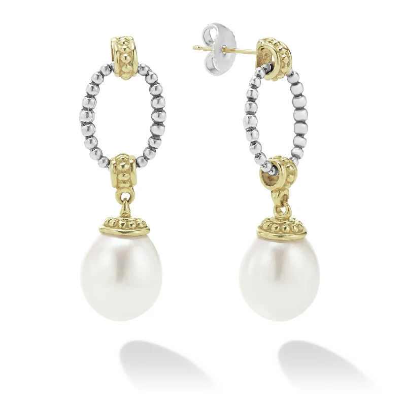 women’s double hoop earrings-Two-Tone Pearl Oval Drop Earrings