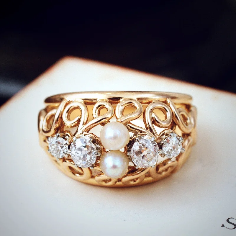 women’s multi-band ring-Extravagant Vintage Diamond & Pearl Boule Cocktail Ring