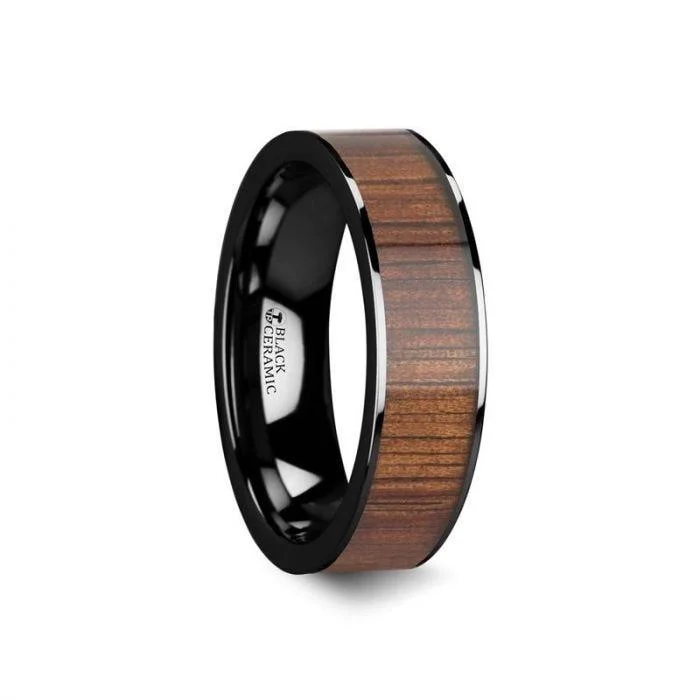 women’s romantic engagement rings-ATREUS Polished Black Ceramic Flat Wedding Band with Koa Wood Inlay - 6mm - 10mm