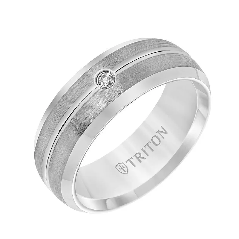 women’s pave engagement rings-RODRIGO Satin Finished White Tungsten Carbide Wedding Band with Polished Bevels Center Groove and Diamond Setting by Triton Rings - 8mm