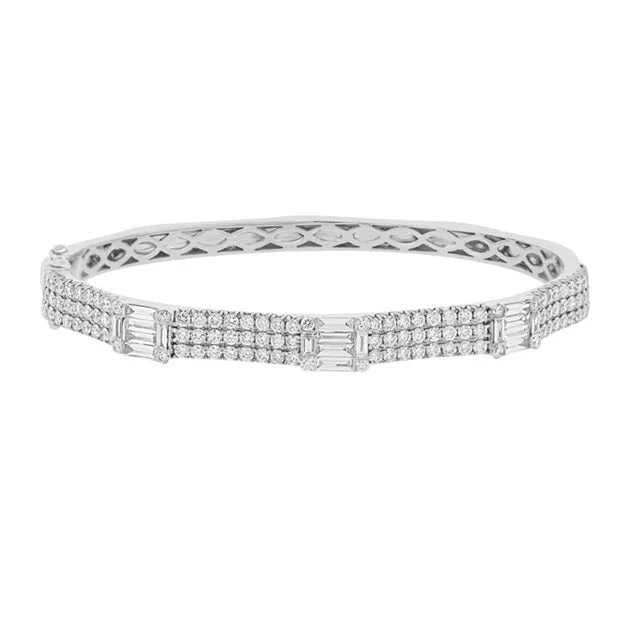 women’s diamond tennis bracelet-14K White Gold Round Diamond and Baguette Diamond Bangle